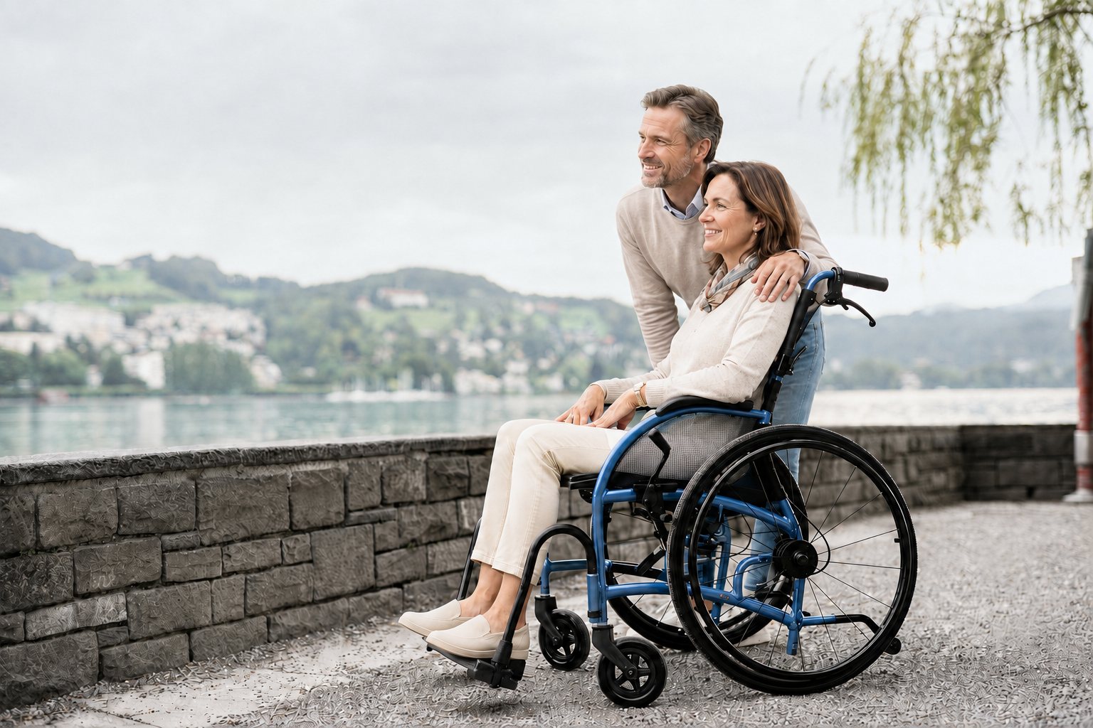 Symbolbild: Paar an einer Seepromenade, die Frau sitzt in einem blauen Strongback Comfort Rollstuhl. Der Rollstuhl ist eine Fotografie, Personen und Umgebung sind KI-generiert.